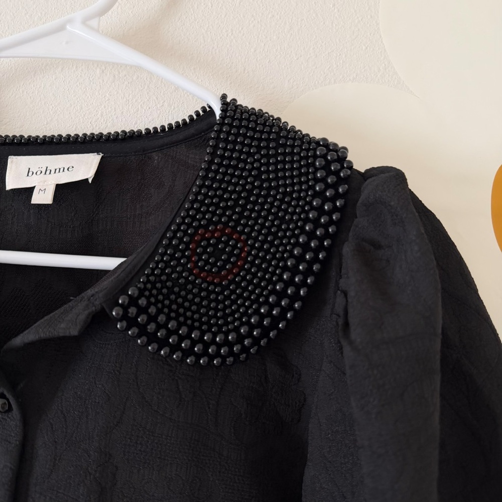 Bohme Black Pearl Collared Textured Floral Button Up Puff Sleeve Blouse - Picture 7 of 11